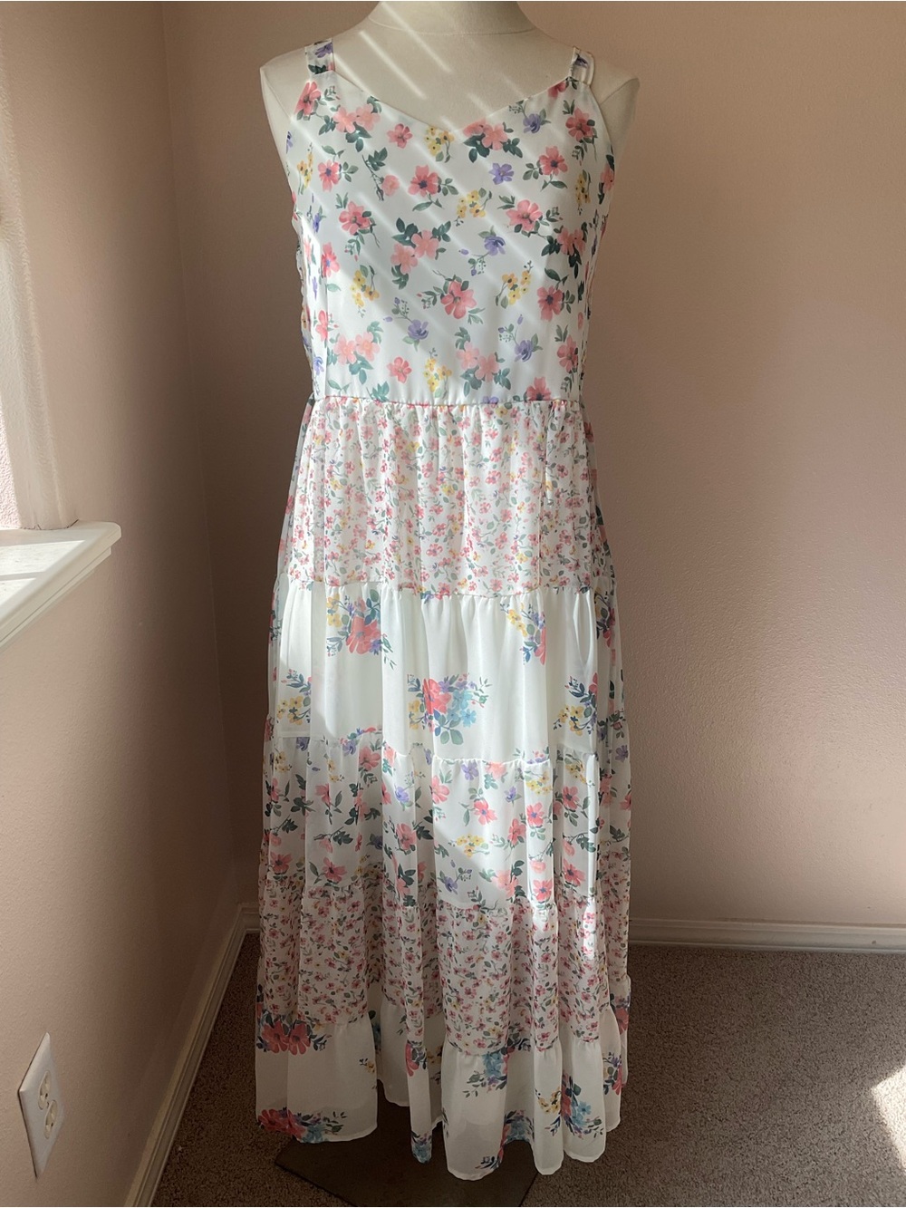 White Floral Tiered Maxi Dress with Pink & Blue Flowers